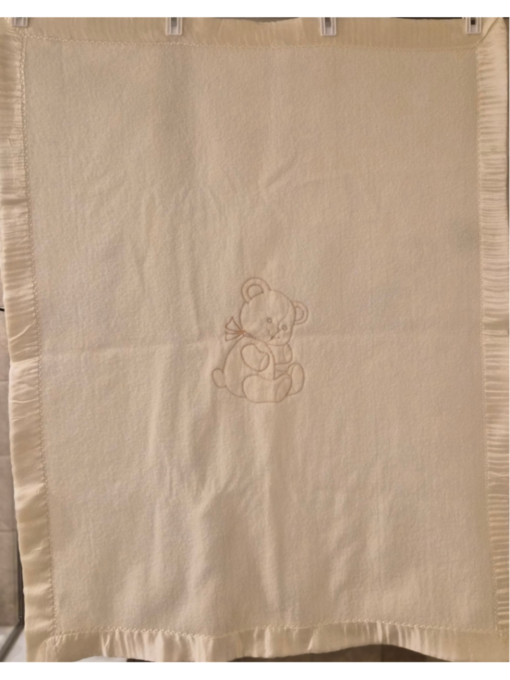 Vintage Quiltex Baby Blanket Teddy Bear Satin Trim Union Made USA Ivory Nursery